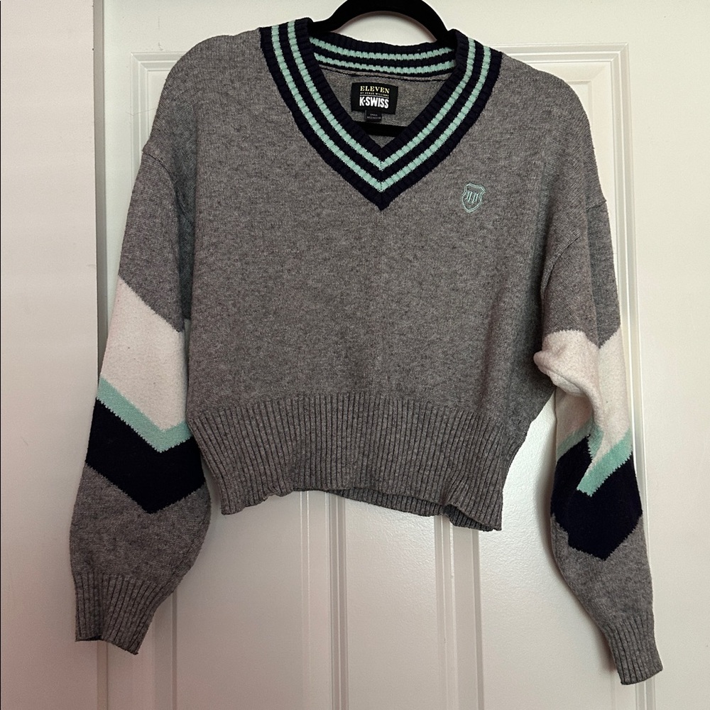 K-Swiss Gray V-Neck Sweater with Chevron Sleeves